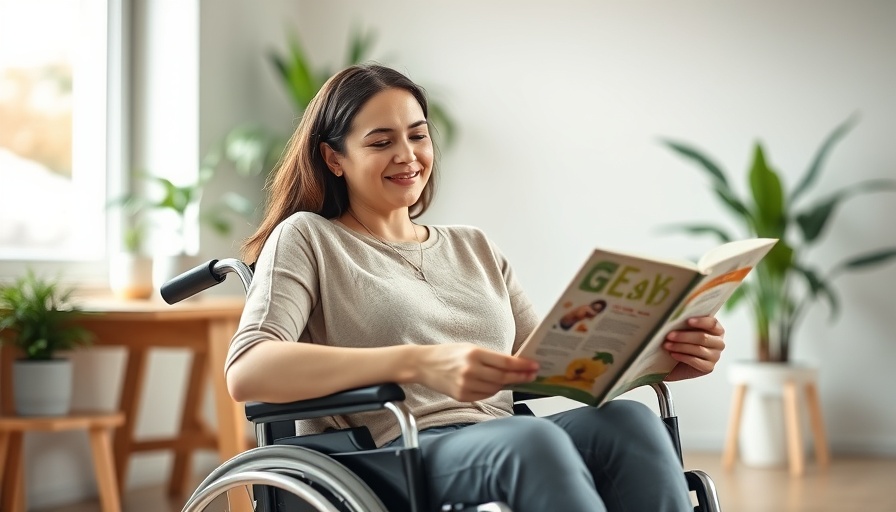 Young woman in wheelchair reading at home, cozy accessible interior.
