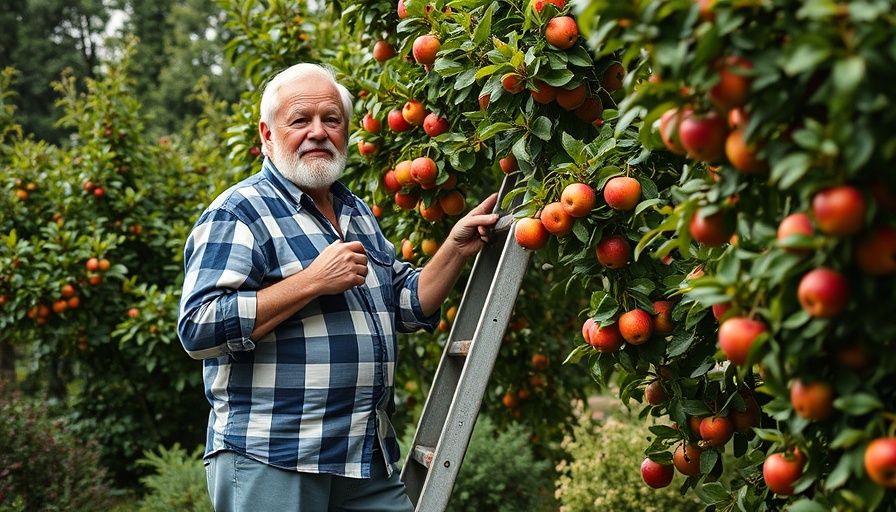 Elderly man using a ladder to pick apples in a lush garden.