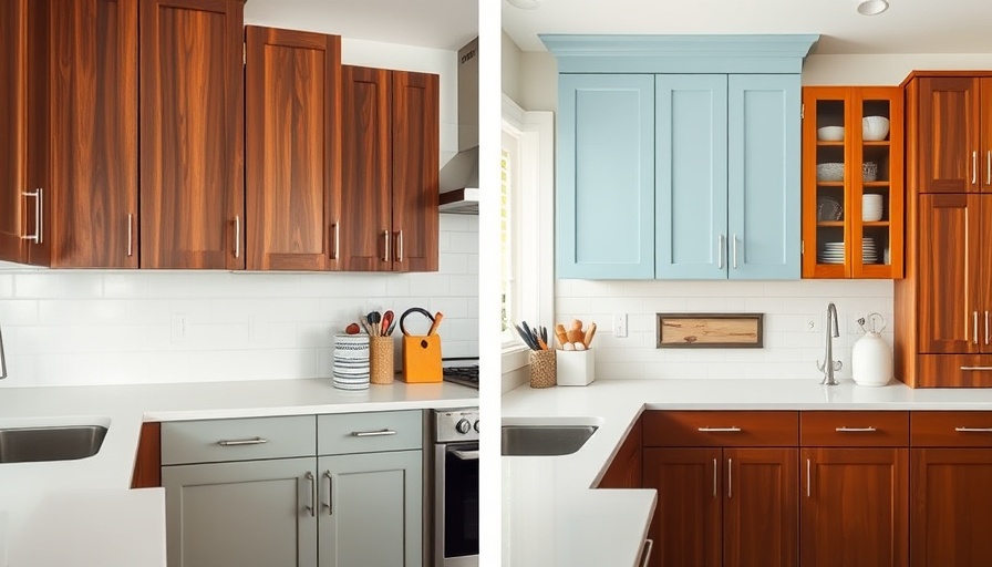 Kitchen remodel before and after comparison with blue cabinets.