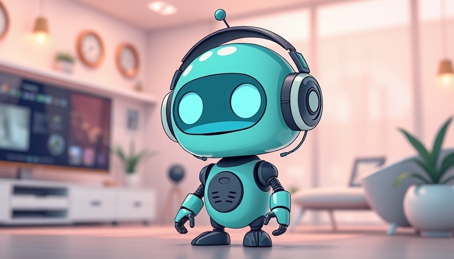 Teal robot next to smart home interface, cartoon style.