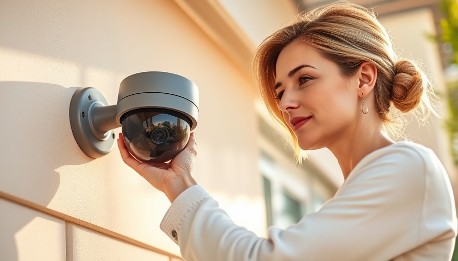 Calm woman adjusting home security camera on wall in sunlight.