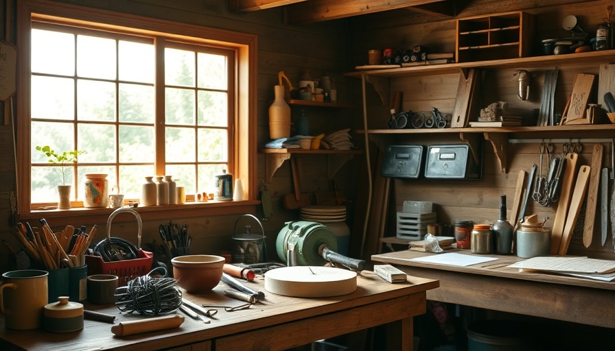 Cozy home workshop for DIY projects, tools on workbench.