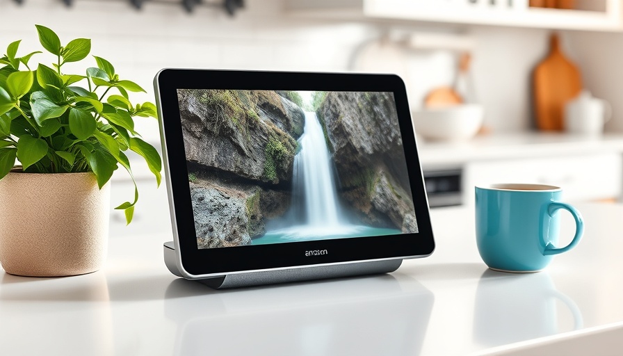 Amazon Echo Show displaying a waterfall on a kitchen counter.