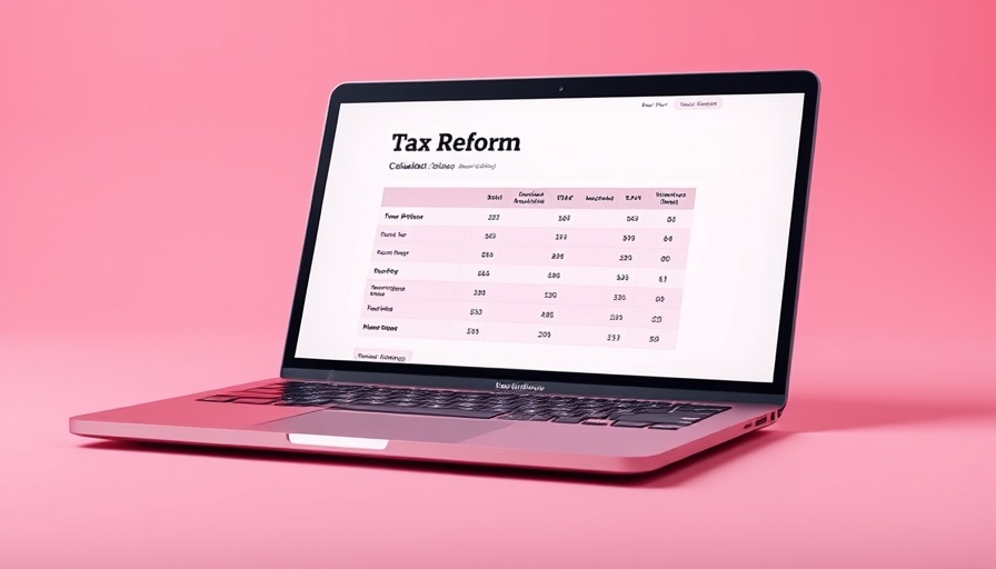 Laptop showing tax reform calculator scenarios, pink background.