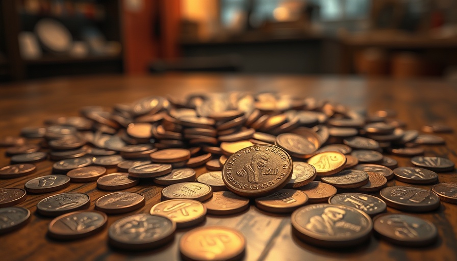 Scattered pennies on wooden table symbolizing end of pennies.