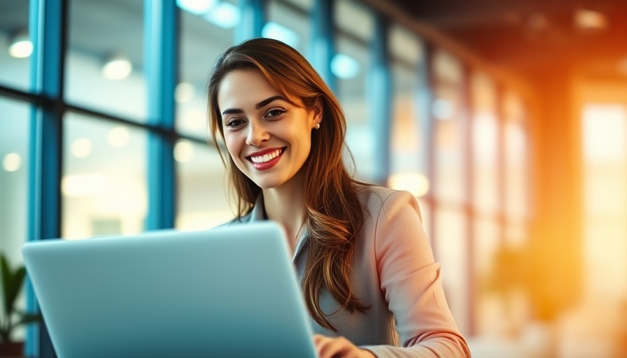 Young woman smiling while using a laptop in an office.