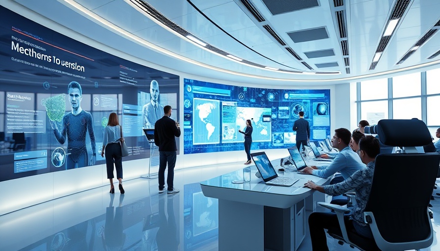 Futuristic office with virtual screens and advanced tech showing the future of remote work.