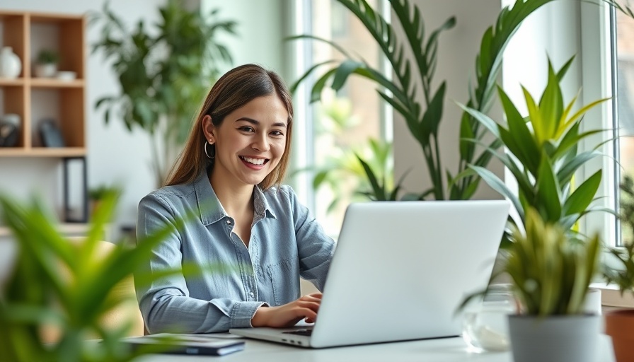 Remote worker smiling at laptop in a home office, performance-based bonuses.