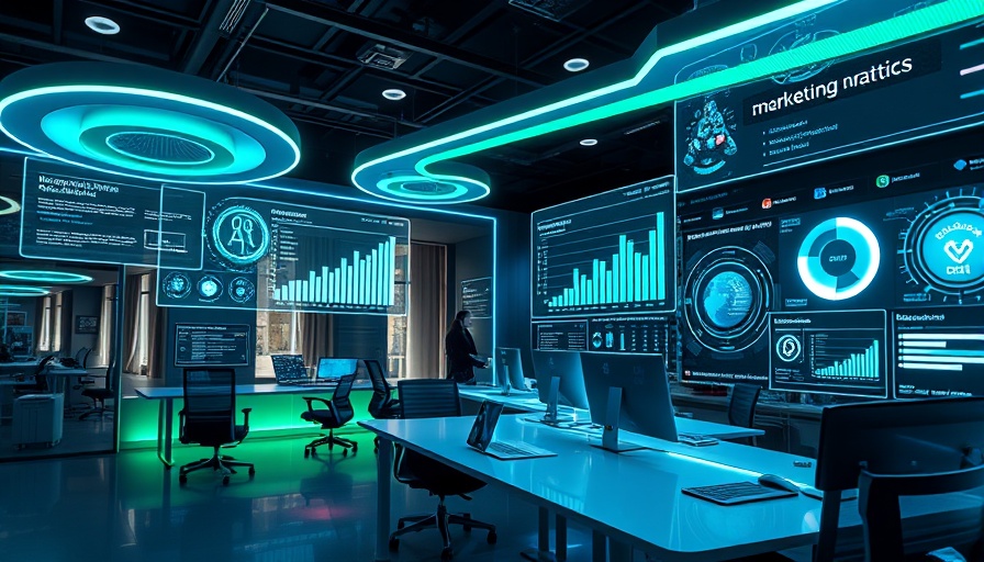 Futuristic workspace with AI elements for marketing tools 2024.