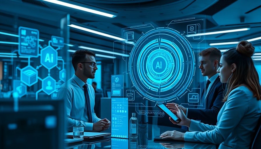 Futuristic office with AI marketing tools in 2024 displays