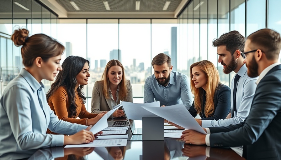 Organizational Leadership and Project Management meeting in a modern office with cityscape view.