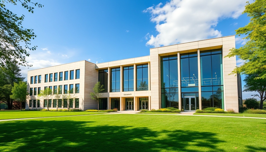 Modern academic building with large windows and green lawn, ISB Essays 2025-26.