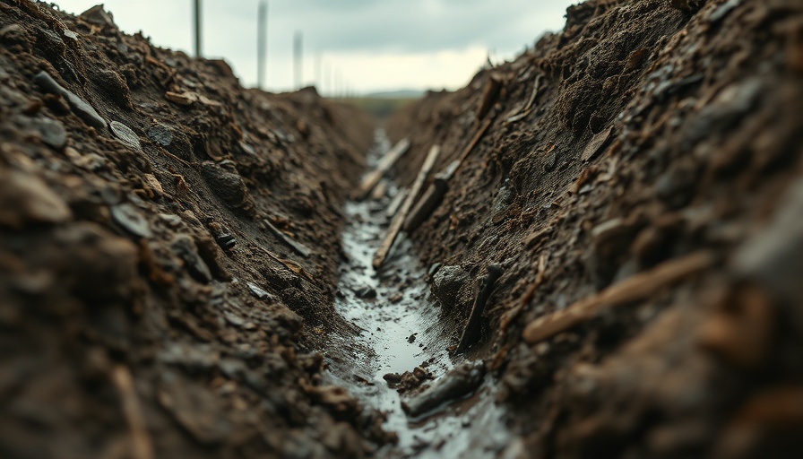 Muddy WWII trench with scattered remnants, pay attention to the trenches.
