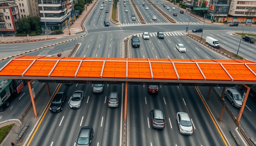 Aerial view of toll plaza with orange canopies and cars.