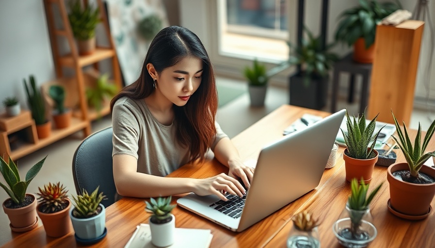 Young woman using laptop at home desk with plants, cozy workspace.