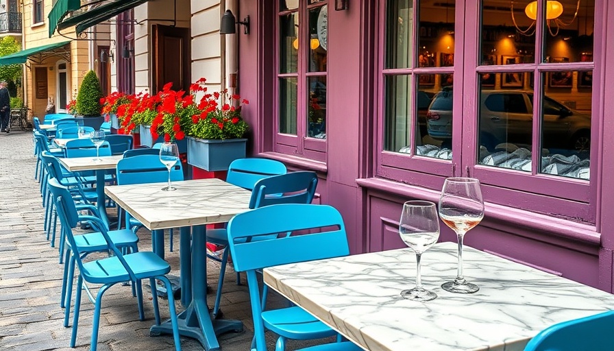 Charming outdoor restaurant on cobblestone street, vibrant setting.