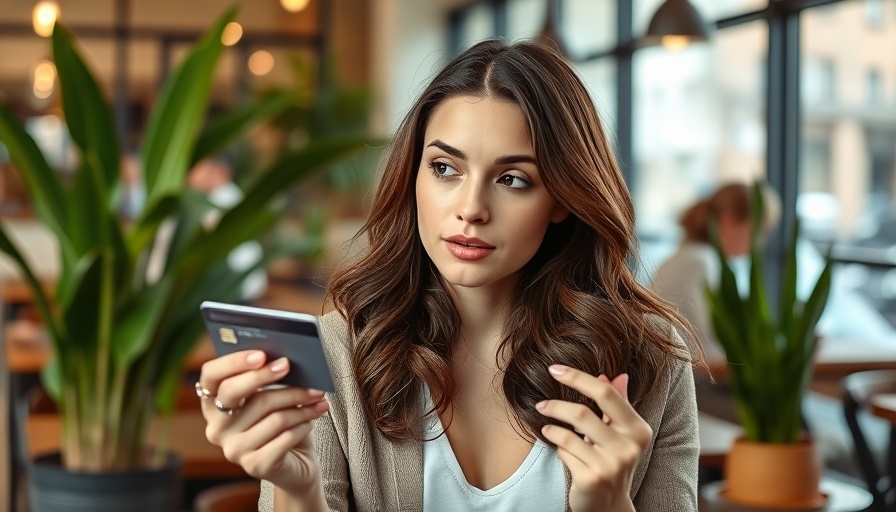 Woman ponders financial decision with credit card in cafe, freeze your credit concept.