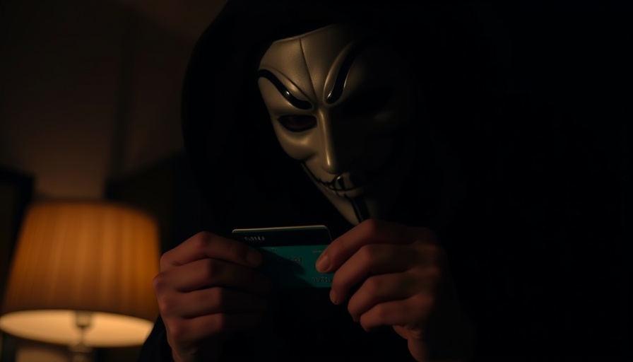 Masked individual examining credit card for fraud prevention article.