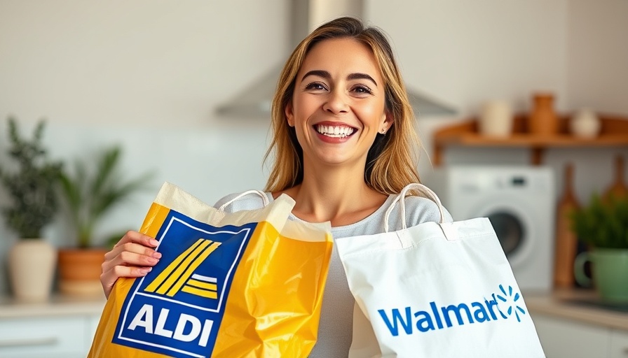Comparison of ALDI vs. Walmart Prices in 2025 with smiling woman holding bags.
