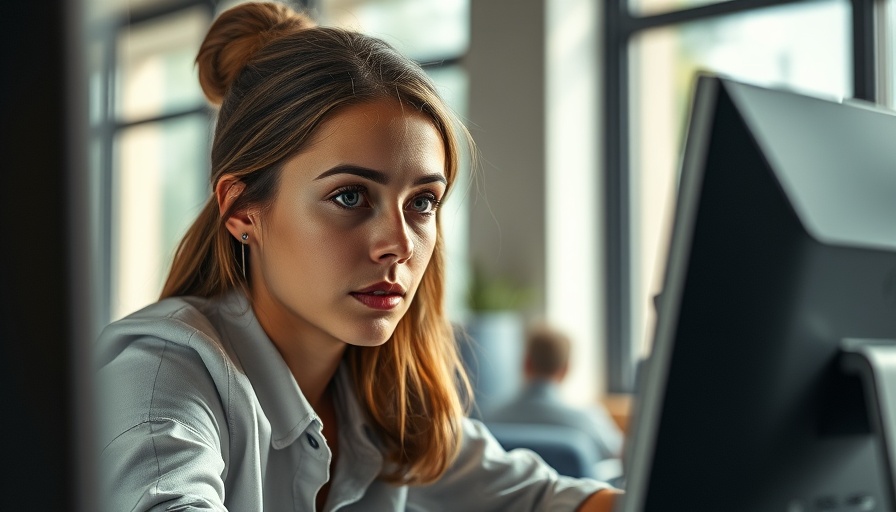 Young woman focused on computer work in well-lit office, staying calm during market fluctuation.