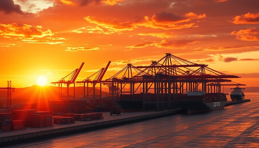 Shipping port at sunset illustrating impact of tariffs on businesses.