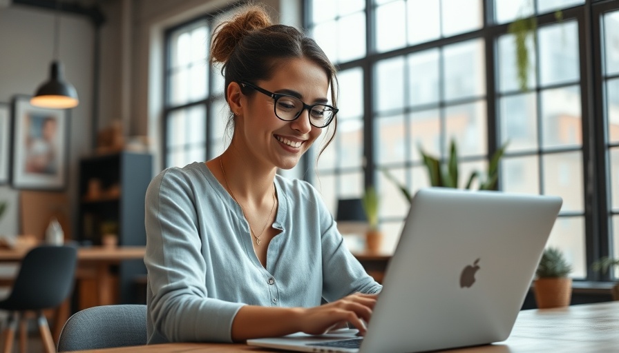 Young woman learning from free online courses in a stylish home office.