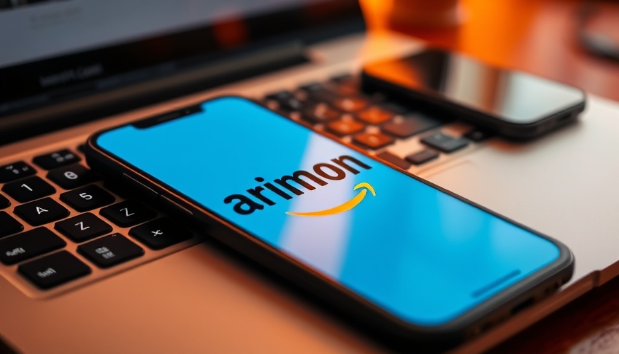 Amazon Prime logo on smartphone against laptop background, warm lighting.