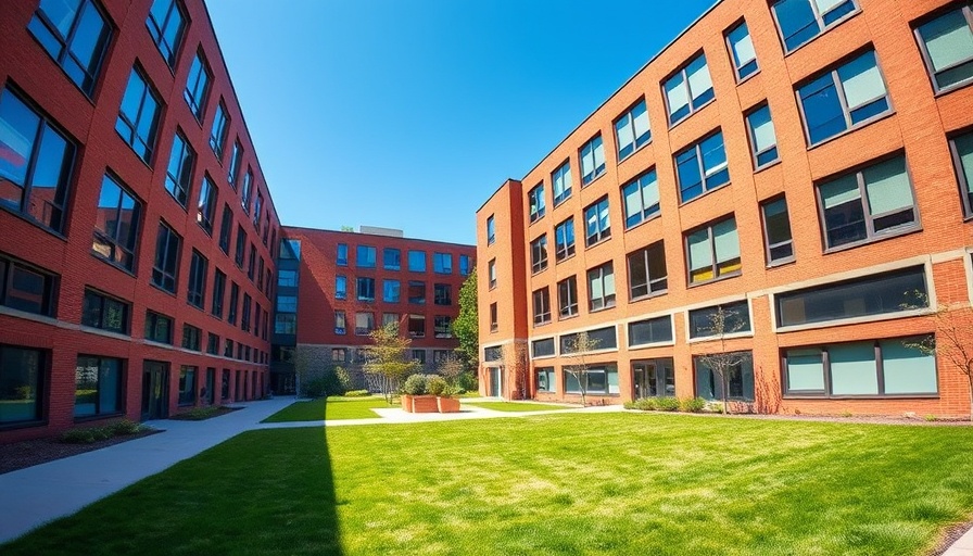 University campus courtyard with red brick building under blue sky.