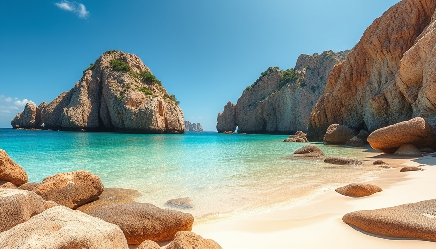 Idyllic tropical beach scene depicting tranquil turquoise waters and rocky cliffs, ideal for travel jobs that come with free housing.