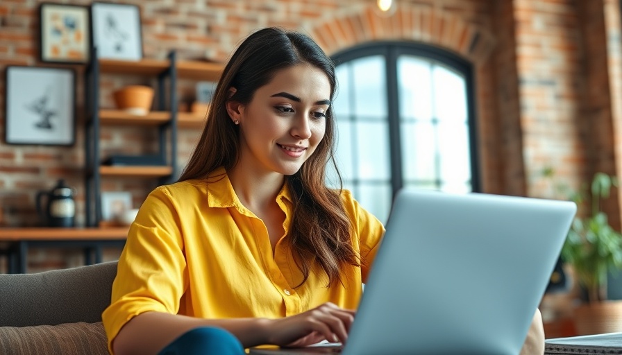 Young woman working from home on laptop in cozy living room.