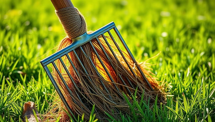 Close-up of dethatching rake pulling dead grass on lawn.
