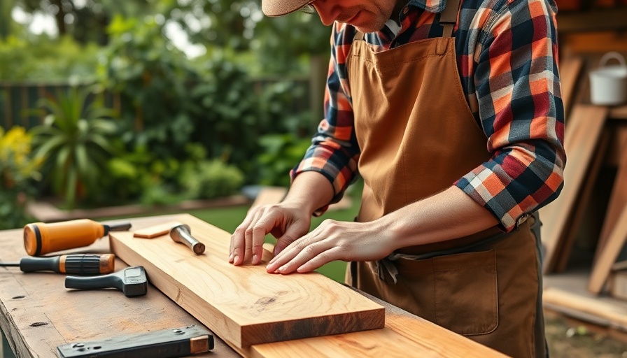 Man sanding wood outdoors using cooling gear for summer DIY projects.