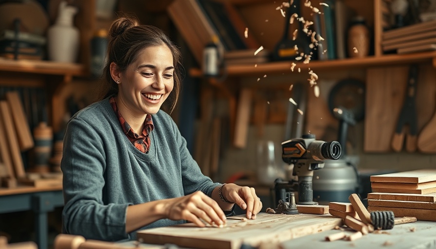 Young woman smiling while crafting in a home workshop