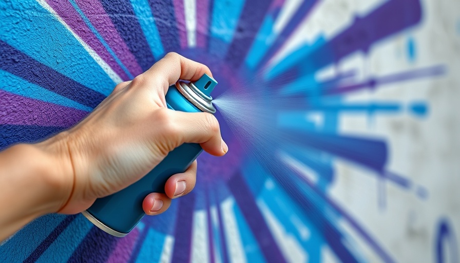 Close-up of a hand spray painting a blue wall, vivid textures.