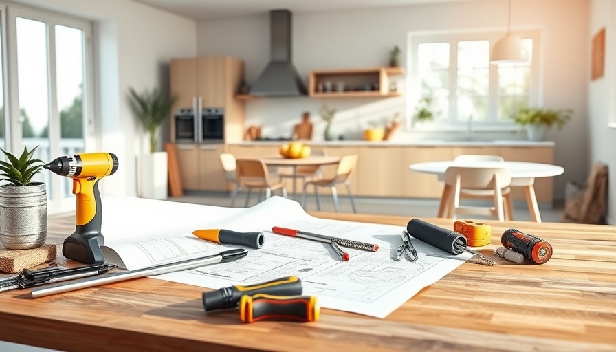Modern home renovation scene with tools and blueprints