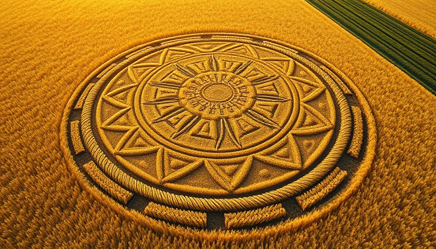 Aerial view of intricate crop circles in a golden wheat field, highlighting Crop Circles Origins.