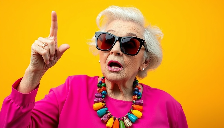 Elderly woman stylishly pointing in vibrant attire, high contrast.