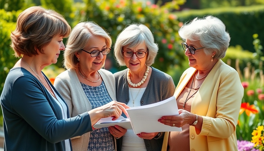 Mature women discussing financial plans in a garden, focused on wealth building after age 50.