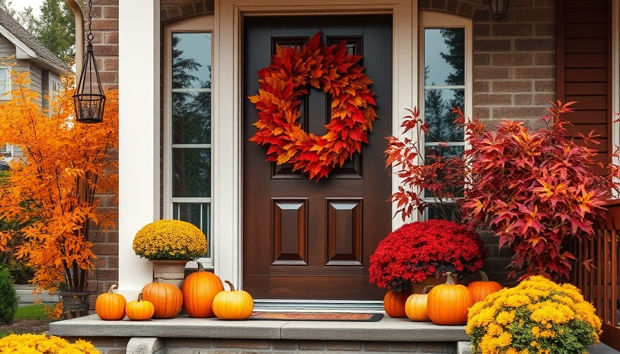 Inviting autumn front porch with pumpkins and wreath, get ready for fall.
