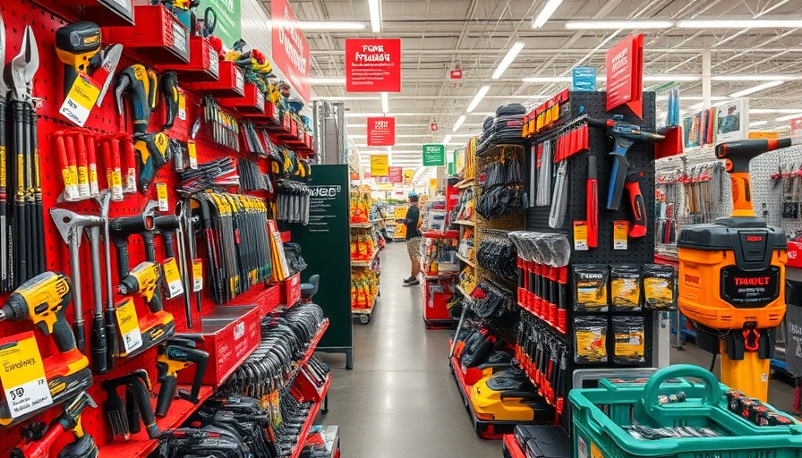 Affordable Home Depot tools arranged on store shelves.