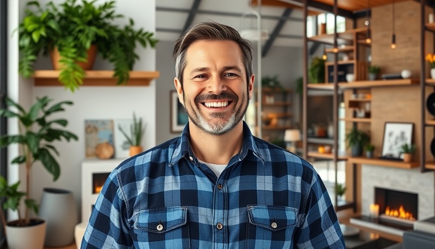 Smiling man with home improvement background, home improvement news.