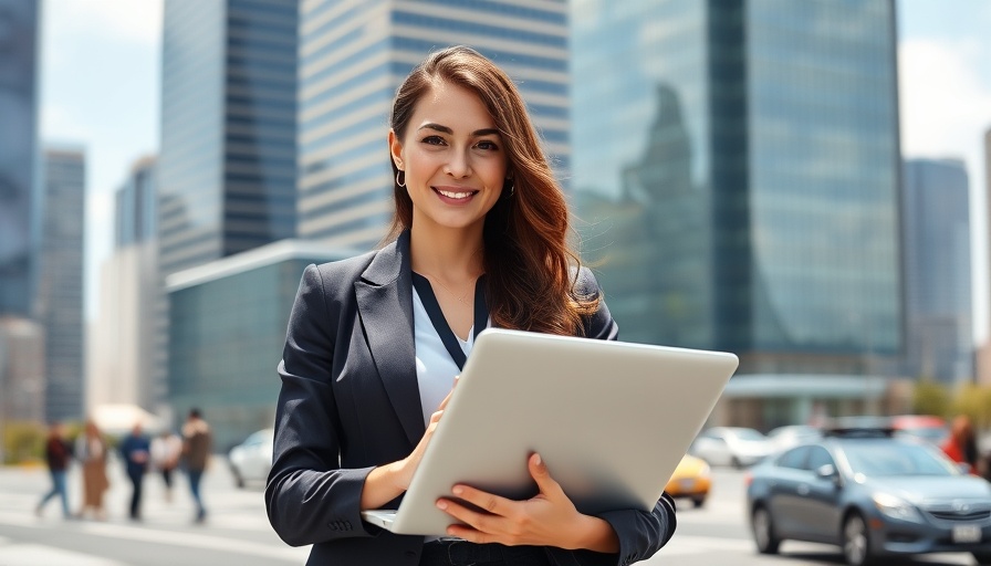 Confident businesswoman with a laptop, city skyline, fulfilling career abroad.