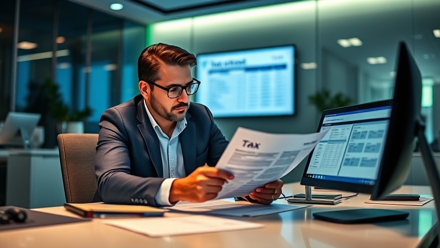 Professional examining tax documents at a sleek desk with modern technology.