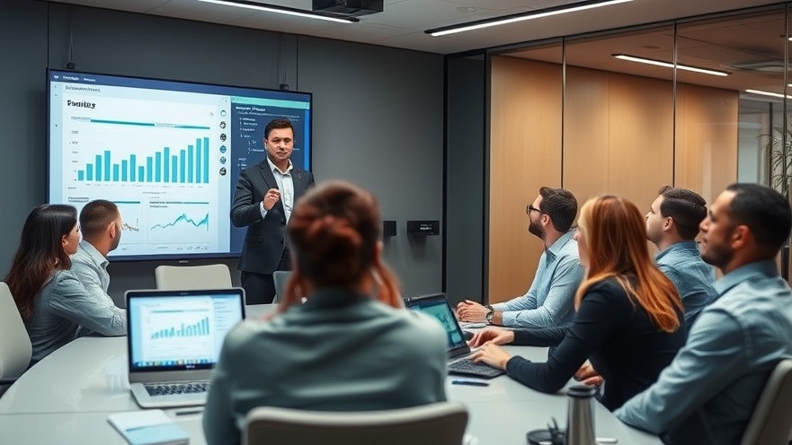 Strategy consultant presenting analytics data to a team in a high-tech conference room.
