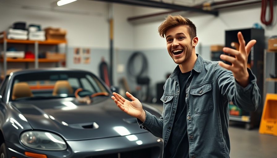 Enthusiastic presentation on Miata lowrider project tips in garage.