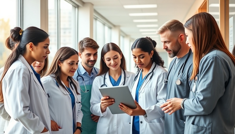 Healthcare professionals discussing AI integration with a tablet in a hospital.
