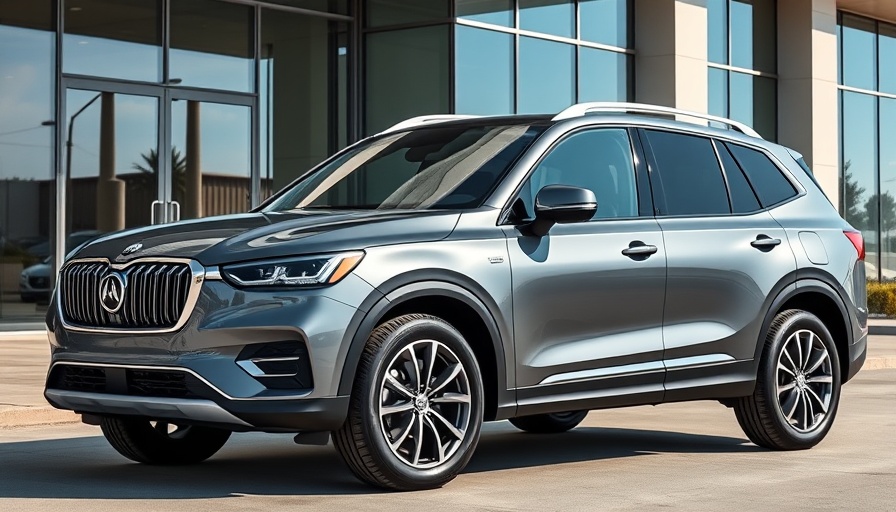 Most reliable 3-row SUV parked in front of a modern glass building.