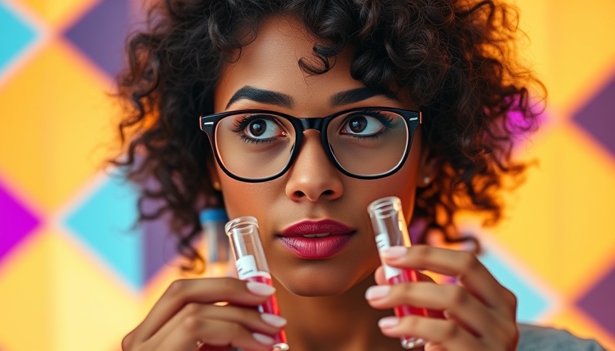 Curious woman contemplating peptides and holistic health with test tubes.