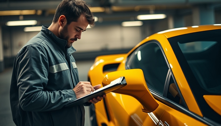 Man performing salvage title VIN check on yellow sports car in garage.