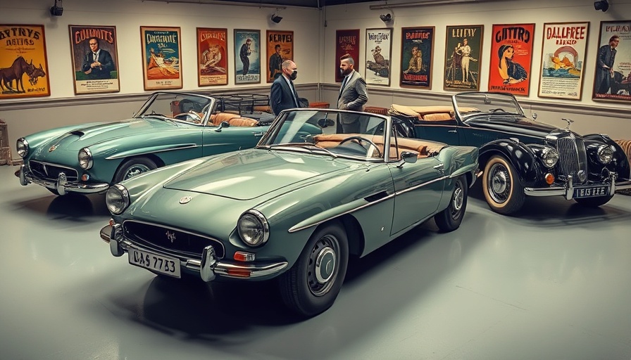 Classic convertibles on display in a vintage showroom.